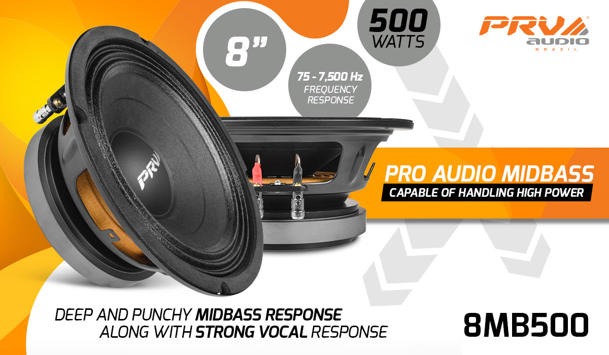 PRV AUDIO - 8" Mid Bass - Stamped Steel Basket - 2"VC- 500W Program Power- 8 Ohm