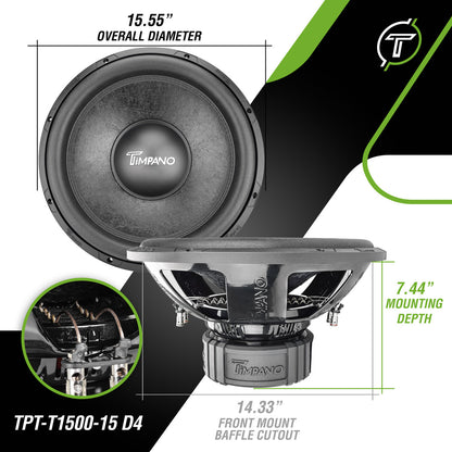 TPT-T1500-15 D4 | Timpano 15″ Car Audio Subwoofer 1600 Watts Dual 4 Ohm