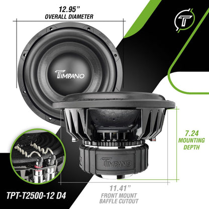 TPT-T2500-12 D4 - Timpano 12″ Car Audio Subwoofer 2500 Watts Dual 4 Ohm